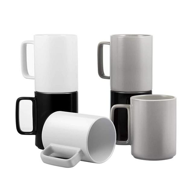 Porcelain Tea Mugs Coffee Mug Set, Large 16 Ounces Cups for Coffee, Tea, Cocoa, and Mulled Drinks, Set of 6, BlacK White Grey