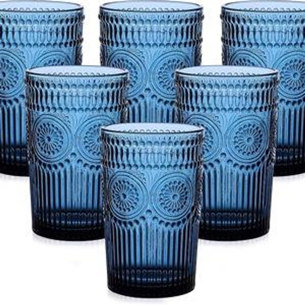 Vintage Glassware Drinking Glasses Set of 6,13 oz Blue Textured Flower Design Glass Water Tumblers，Embossed Striped Drinkware for Water,Cocktails,Juice,Iced Coffee