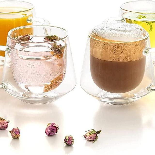 Moss & Stone Set of 4 Double Wall Glass Cup Clear Mug, Double Walled Coffee Mugs 7.5 Oz, Glass Tea Mugs, Insulated Coffee Mug With Handle. (4 Cups)