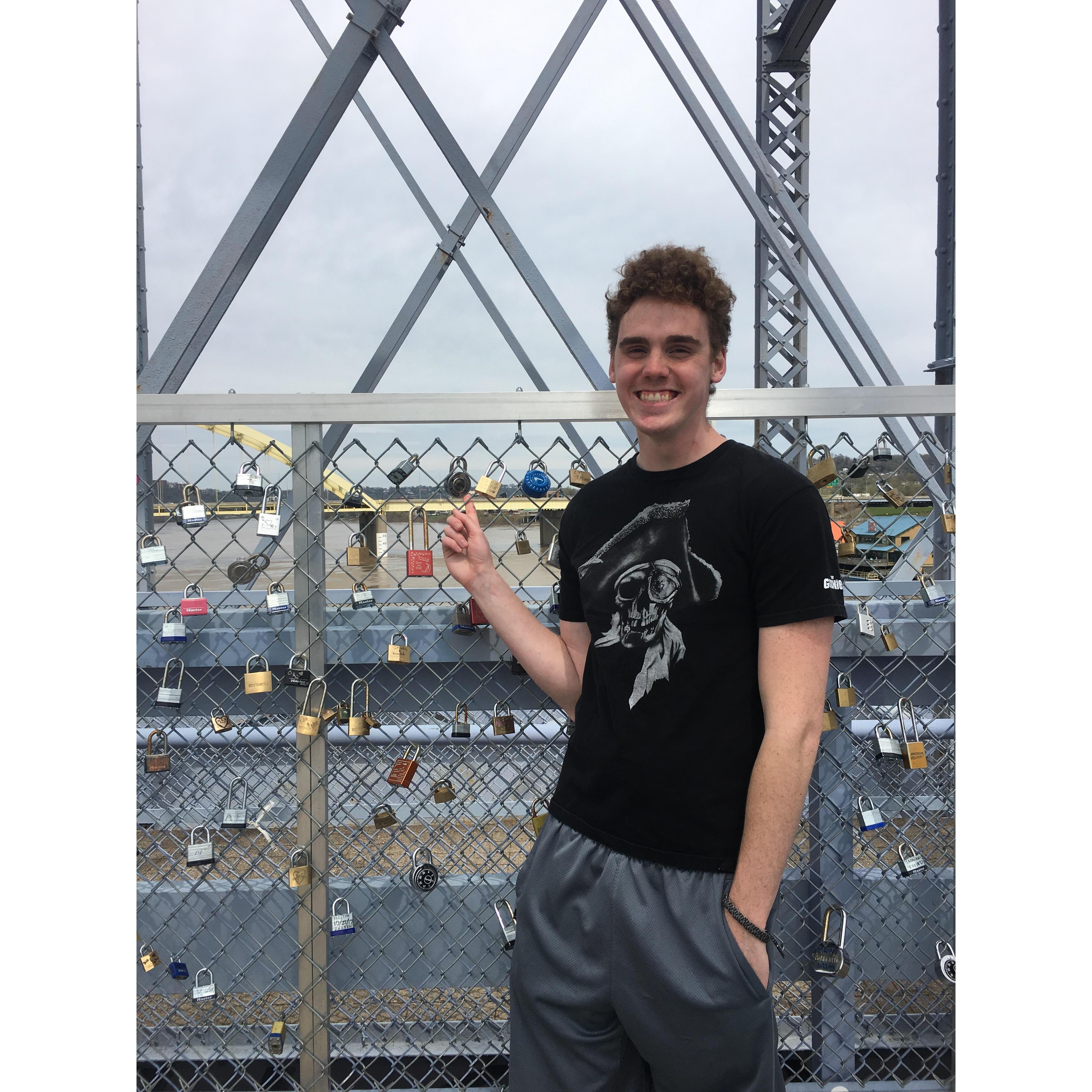 Our love lock on the Roebling Bridge. Good bridge connects Ohio and Kentucky.