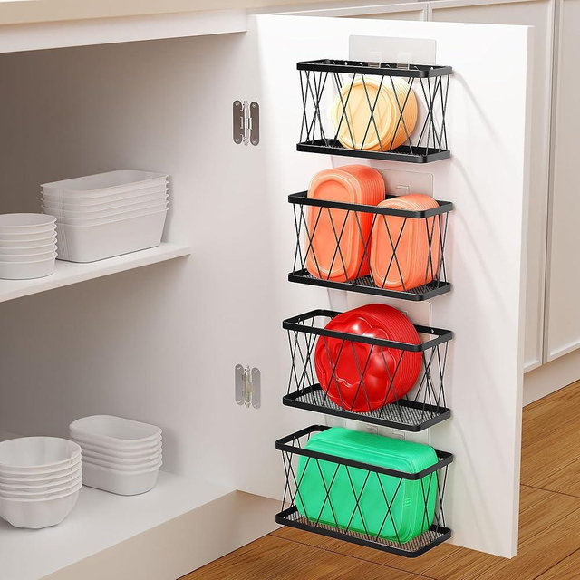 BasicForm 4 Pack Metal Kitchen Inside Cabinet Door Organizer, Adhesive Lid Organizers Cabinet Door Storage for Tupperware Lid, Storage Holder Basket for Kitchen Wall Mounted (Black)
