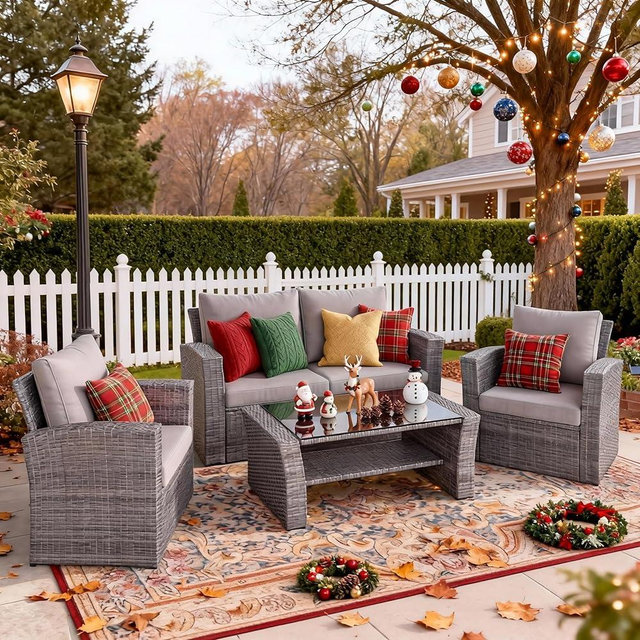 Wisteria Lane 4 Piece Patio Furniture Set, Wicker Outdoor Patio Conversation Furniture Set, All Weather Outdoor Patio Sofa with Cushion and Glass Table, Ash Gray