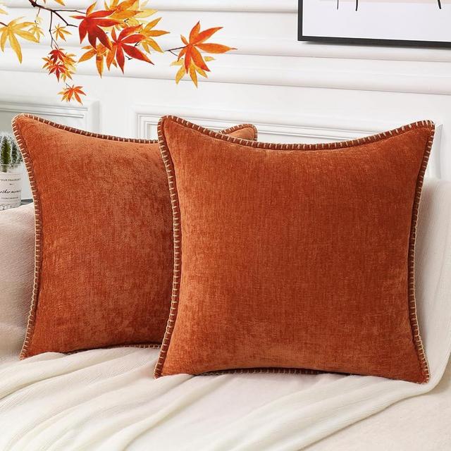 decorUhome Chenille Soft Fall Throw Pillow Covers 20x20 Set of 2, Farmhouse Velvet Pillow Covers, Decorative Square Pillow Covers with Stitched Edge for Couch Sofa Bed, Rust