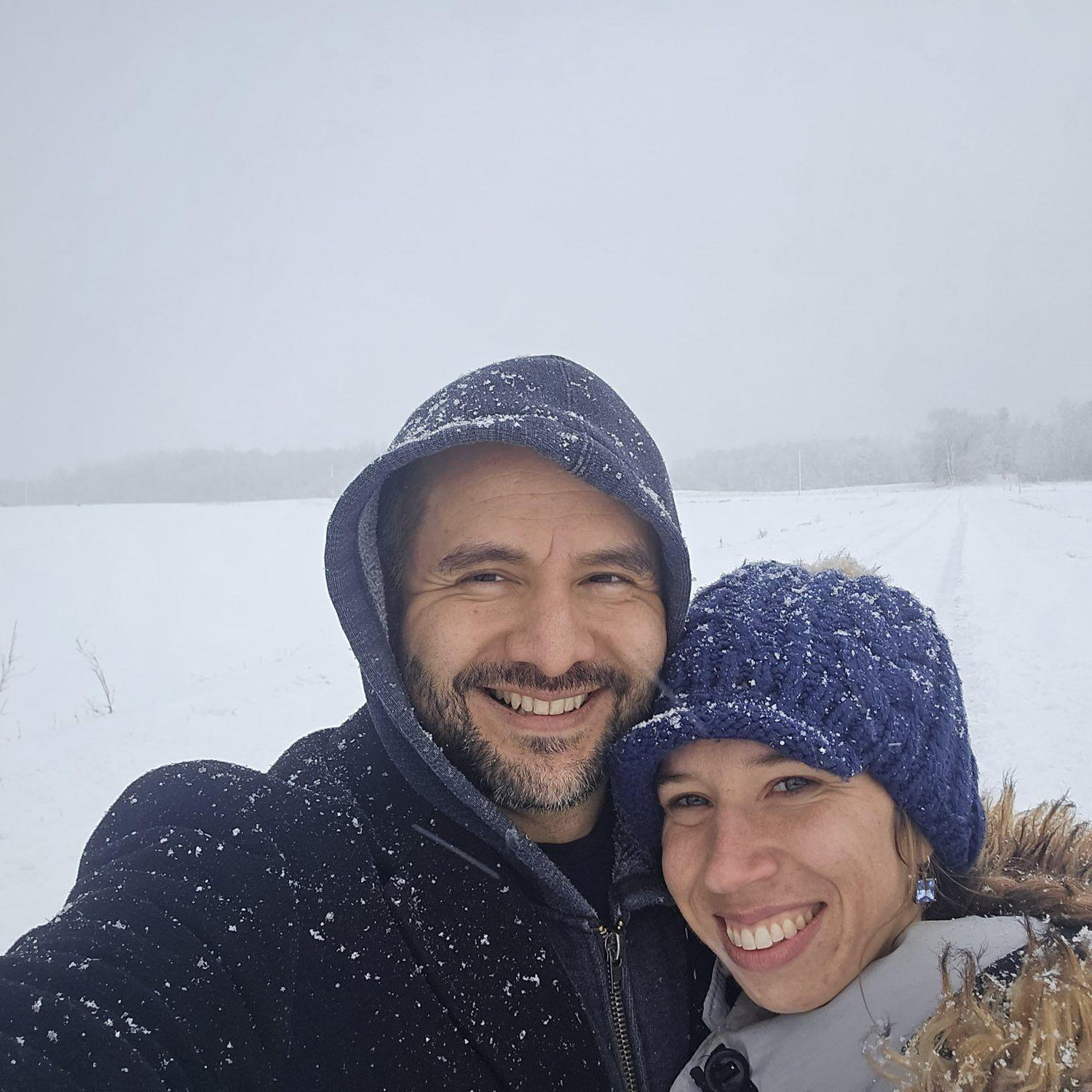 Our first Christmas snowfall. In Cooks Valley, WI with the Shakals. Moments after this photo, Guillermo almost proposes...but he doesn't have a ring yet!