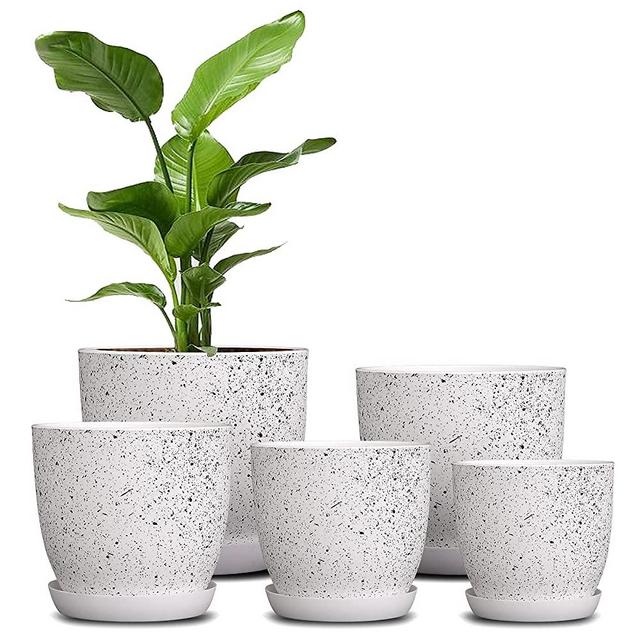 Plastic Plant Pots Indoor Flower Pots Planters for Indoor Plants Pot with Drainage Holes and Saucers Modern Decorative Nursery Planting Pots for Flowers, Succulent, Cactus 5 Packs, Speckled White
