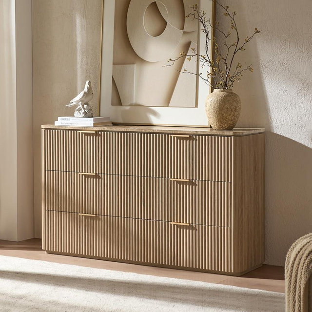 DelArk Fluted 6 Drawer Dresser for Bedroom, 54.5" Wide Modern Chest of Drawers with Faux Marble Top, Curved Corners Design, Wooden Dresser TV Stand with Organizer Storage for Living Room, Natural Oak
