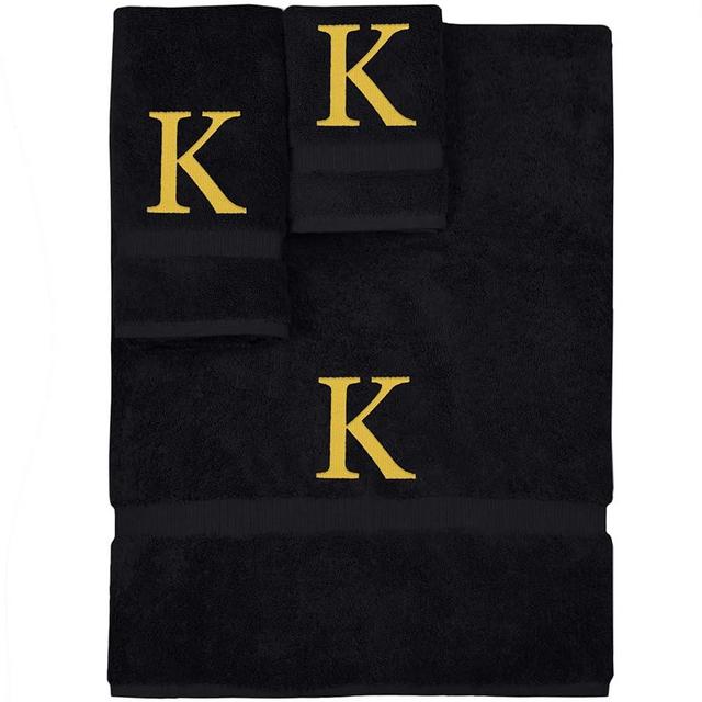 Monogrammed Towel Set, Personalized Gift, Set of 3- Gold Block Letter Embroidered Towel - Extra Absorbent 100% Turkish Cotton - Soft Terry Finish - Initial K Black