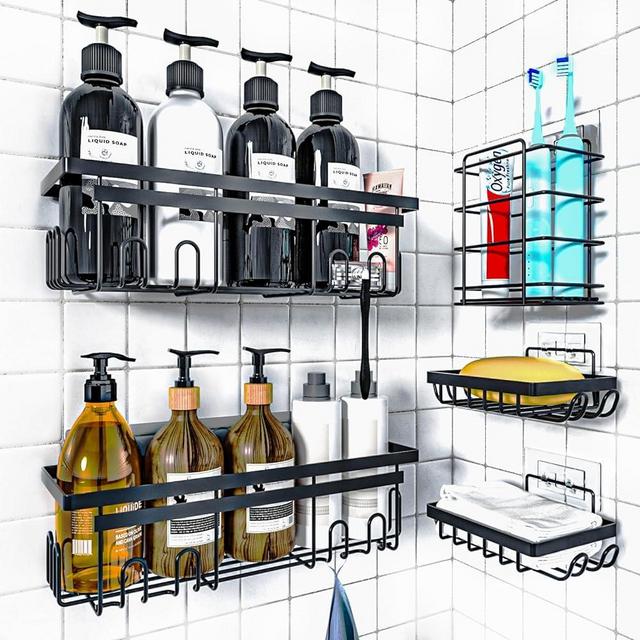 SCHBIT Shower Caddy 5 Pack, Adhesive Shower Organizer for Bathroom Kitchen & Storage, No Drilling,Rustproof Stainless Steel Bathroom Shower Shelves with Hooks,Bathroom Organizer for Inside Shower Rack