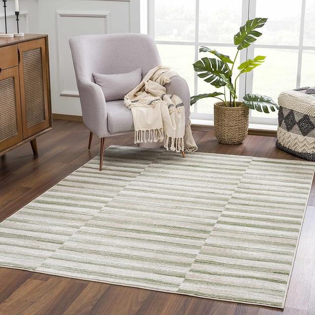 Liverpool Modern Abstract Bedroom Living Room Area Rug - Striped Carpet - Contemporary Bohemian Farmhouse - Green, Beige, Brown, Ivory, Cream - 6'7" x 9'