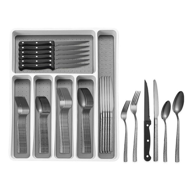 49Pcs Silverware Set with Organizer, Black Stainless Steel Flatware Set for 8 Cutlery Utensil Sets with Steak Knives, Spoons and Forks Set, Dishwasher Safe