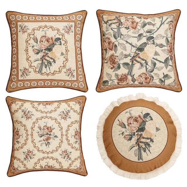 patdrea Designer Vintage Floral Throw Pillow Covers for Couch Set of 4,Brown Yellow Linen Pillowcases with Bird and Rose Pattern Decorative Cushion Cover for Bedroom Living Room Outdoor Car Cafe