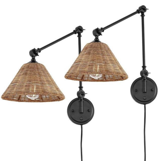 WINGBO Wall Sconce Rattan Wrapped Wall Lamp, Adjustable Swing Arm Wall Light Fixture Vintage Bedside Light Wicker Handmade Shade Brass Reading Light Plug in or Hardwire (Black, 2 Pack)
