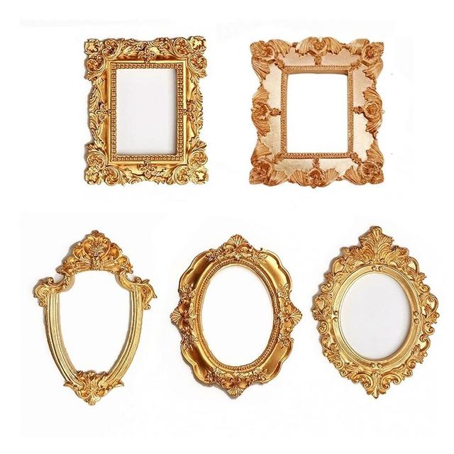 mozhixue 5 Pcs Mini Gold Frames - Small Gold Vintage Flower Oval Rectangle Baroque Frames Table Top Frame for Christmas Holiday Party Decor(𝙬𝙞𝙩𝙝𝙤𝙪𝙩 𝙂𝙡𝙖𝙨𝙨 S𝙩𝙖𝙣𝙙 𝙤𝙧 𝘽𝙖𝙘𝙠𝙞𝙣𝙜)