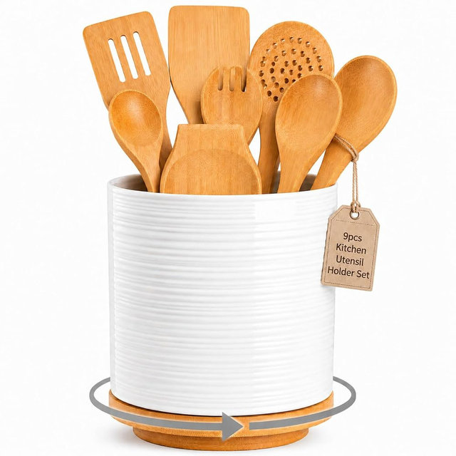 Utensil Holder, Ceramic Kitchen Spatula Holder For Countertop 9-Pcs Set with Spatula, 7.6" Large Utensil Organizer for Spoon, 360° Rotating Cooking Utensil Crocks Farmhouse Kitchen Counter Decor White