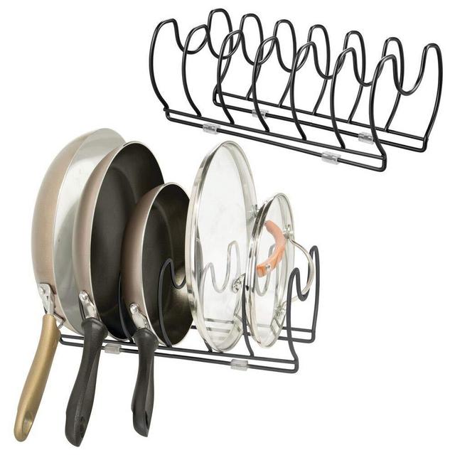 mDesign Metal Wire Pot/Pan Organizer Rack for Kitchen Cabinet, Pantry Shelves, 6 Slots for Vertical or Horizontal Storage of Skillets, Frying or Sauce Pans, Lids, Baking Stones, 2 Pack - Black