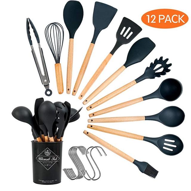 Kitchen Utensils Set Silicone Cooking Utensils, 12pcs Cooking Utensils Set with Wooden Handle, BPA Free, Non-Toxic Silicone Spoon, Turner Spatula Silicone Kitchen Utensils Set,Whisk, Brush—Gray