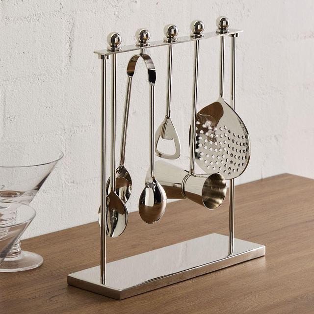 Soro Barware, Bar Tools, Glass Metal, Silver, Set of 5