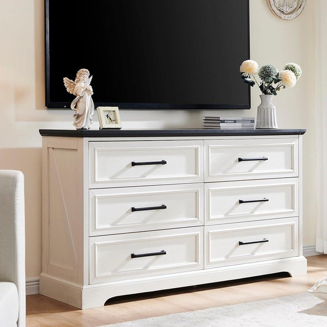 JXQTLINGMU Farmhouse 6 Drawers Dresser for Bedroom, 52'' Wide Large Wood Dressers with Bar Handles, Chests of Drawers with Storage Dressers Organizer for Bedroom, Hallway, Living Room, Off White