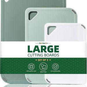 Plastic Cutting Board Set of 3-Cutting Boards for Kitchen BPA Free, Large-Small Chopping Boards Non-Slip for Cooking Camping Dishwasher Safe, Reversible, with Grip Handle, 15"×10"×0.6" Green