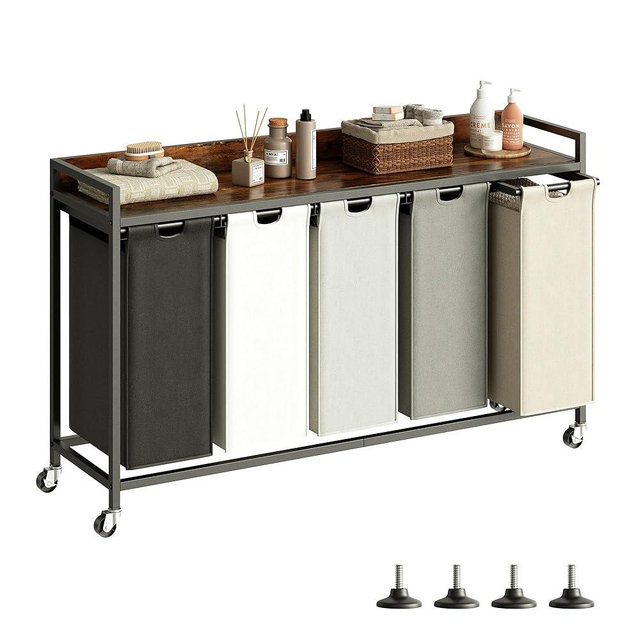 Herture Laundry Hamper with Shelf, Laundry Basket 5 Section, Laundry Sorter with Pull-Out Removable Large 5 Color Bags and Movable Wheels, Metal Frame, 5 x 15.87 Gallons (60L), Rustic Brown PF08XLN