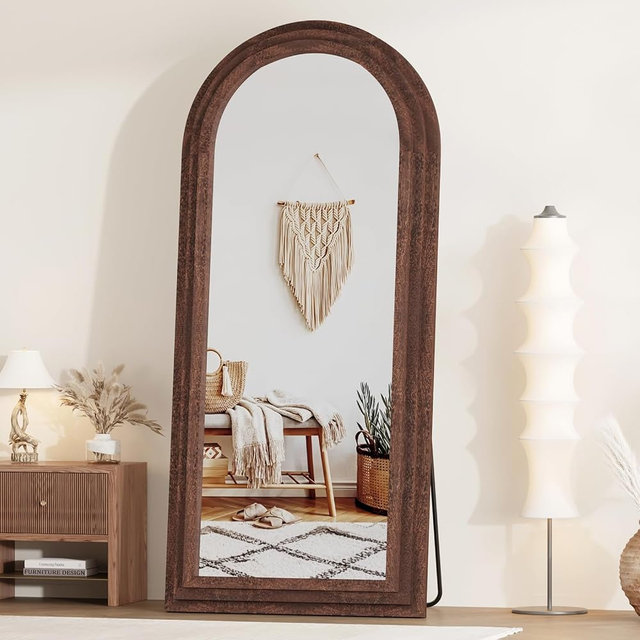 ZHUNFA External Three-Layer Arched Full Length Mirror with Solid Wood Frame,71x32 Modern Farmhouse Decor Standing Mirror Full Length,Wall Mounted,Leaning,Standing for Bedroom,Living Room,Brown.