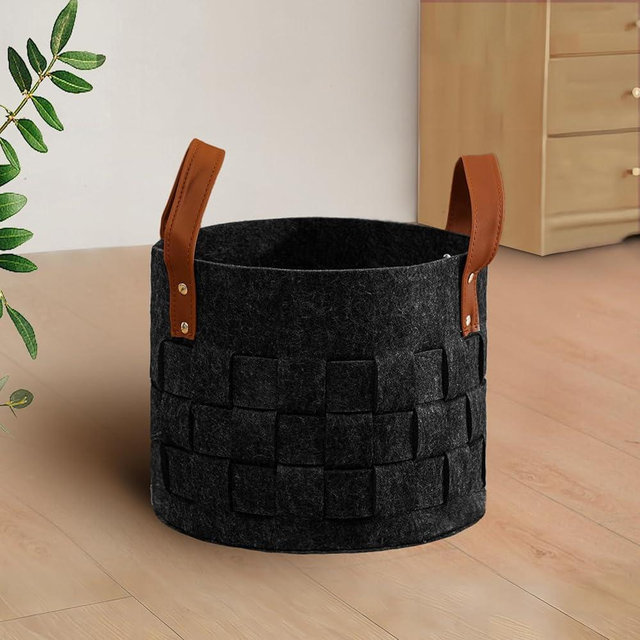BOLDMONKEY Storage Baskets for Shelves 1 Pack, Medium 11" x11 " x9.5" Round Woven Storage Basket Felt with Leather Handle, Clothes Basket for Socks, Neckties Organizer-Dark Gray