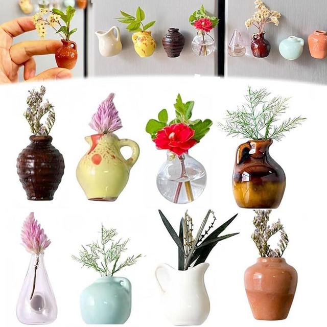 8 PCS Tiny Fridge Magnet Vases, Mini Ceramic Vase Magnets for Fridge, for Magnet Kitchen Storage Cabinet Office Decoration Interesting Cute Plant Ceramic Vase Fridge Magnets