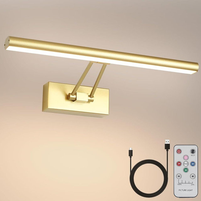HOWMZON Picture Light, 17.5 inches Art Light, Picture Light Battery Operated,3CCT Picture Lights for Wall,Battery Operated Wall Lights,Gallery Light with Remote for Wall Display, Photo,Library Gold