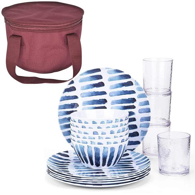 Blue Stripe 13-piece Melamine Dinnerware Set, 100% Melamine Plate, Bowl and Plastic Tumbler with Reusable Lunch Bags | Indoors and Outdoors, Camper, Break-resistant, RV Use