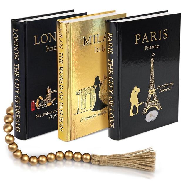 SIMPILIFY ASTHETIC - Decorative Books Set of 3 with Golden Garland Bead - Decorative Books for Coffee Table - Decorative Books for Home Decor - Designer Books Decor Set - Faux Books for Bookshelf