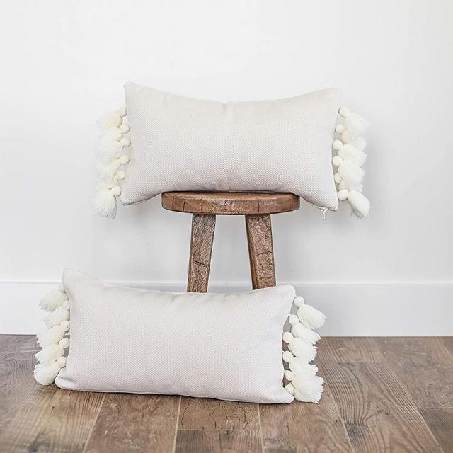 Woven Nook Decorative Lumbar Throw Pillow Set of 2 Covers ONLY for Couch, Sofa, or Bed 12x20 12x26 and 12x40 inch Modern Quality Design Cotton 2 Pack White POM Lumbar (12'' x 20'')