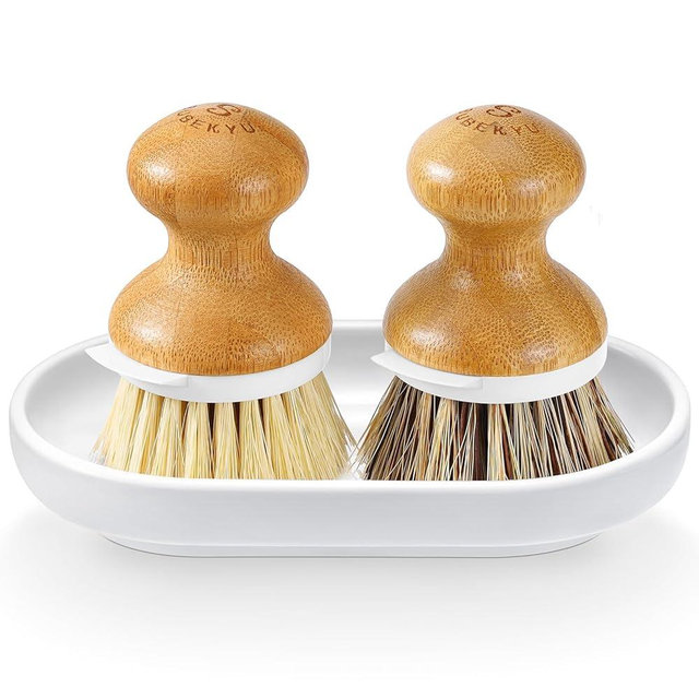 SUBEKYU Dish Brush, Bamboo Dish Scrubber Brush Set with Tray, Natural Kitchen Dishwashing Scrub Brush for Cleaning Dishes/Pans/Pots, Built-in Scraper, Natural Sisal + Palm Bristles, Set of 2