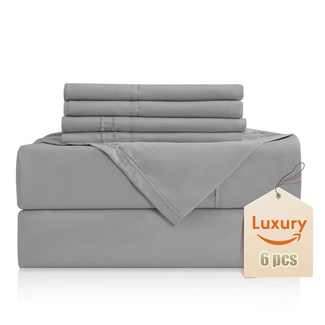Luxury Silky Soft Bed Sheet Set, 6 Piece,Queen Size, Fits 16 inch Deep Pocket Mattresses, Wrinkle Free & Breathable Cooling, Light Grey Bedding Sheets (Fitted Sheet, Flat Sheet, Pillowcases)
