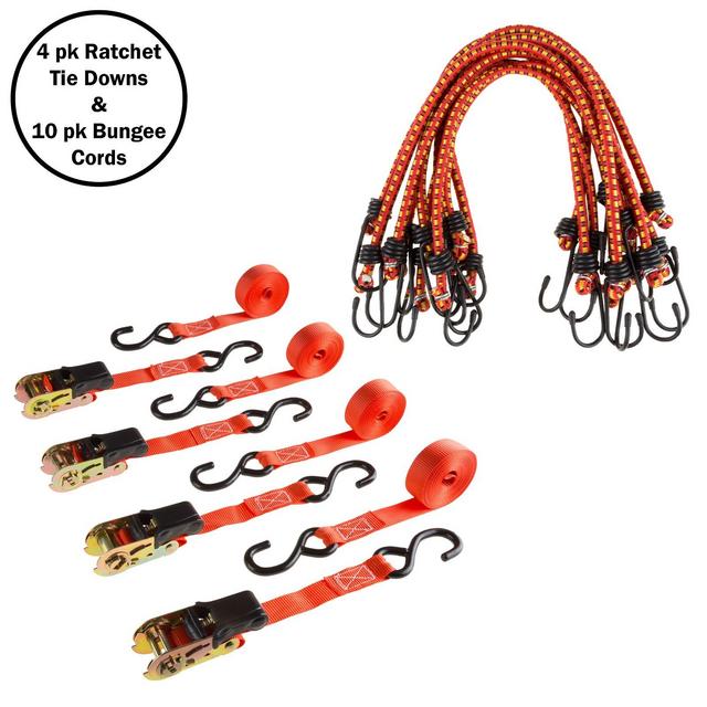 Ratchet Strap and Bungee Cord Kit – Set of Four 15’ 1500LB Break Strength Cargo Straps and Ten 18” Cords for Moving, Trucks, or Roof Racks by Stalwart