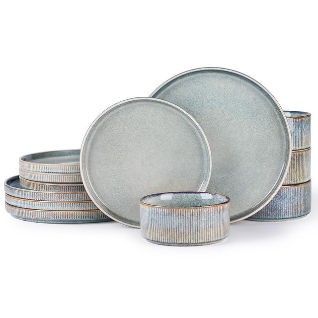 GBhome GBHOME Stoneware Dinnerware Sets for 4,Round Reactive Glaze Ceramic Plates and Bowls Set,Highly Chip and Crack Resistant | Dishwasher & Microwave Safe Dishes Set,Service for 4 (12pc)