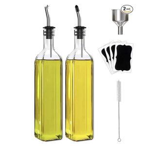 Olive Oil Dispenser Bottle, 2 Pcs Glass Olive Oil Dispenser and Vinegar Dispenser Set with 2 Stainless Steel Pourers, 4 Labels,1 Brush and 1 Funnel Oil Bottles for Kitchen (500ml)