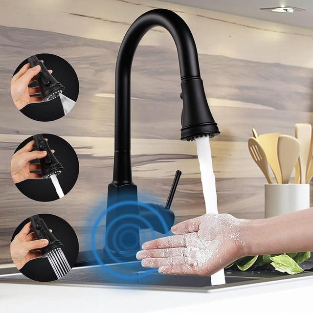 Motion Sensor Touchless Kitchen Faucet,Soosi Automatic Pull Down Kitchen Faucet Single Handle One/3 Hole 3 Setting Sprayer Kitchen Faucets Spot Free Matte Black,5 Years Limited Warranty