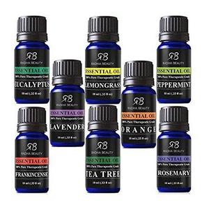 Radha Beauty Aromatherapy Top 8 Essential Oils 100% Pure & Therapeutic Grade - Basic Sampler Gift Set & Kit (Lavender, Tea Tree, Eucalpytus, Lemongrass, Orange, Peppermint, Frankincense, and Rosemary)