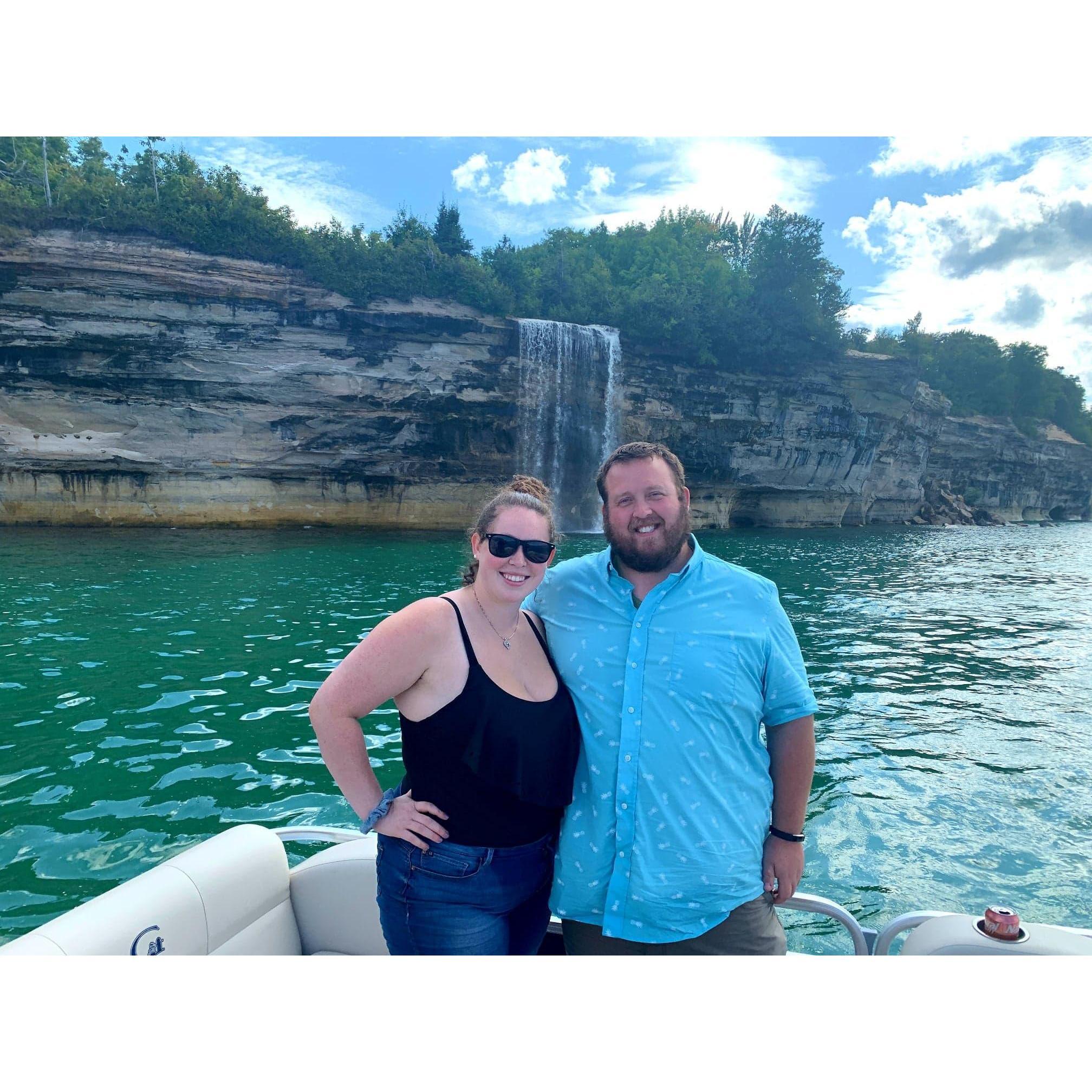 John and Katie at Pictured Rocks - we somehow survived Will nearly capsizing the pontoon!