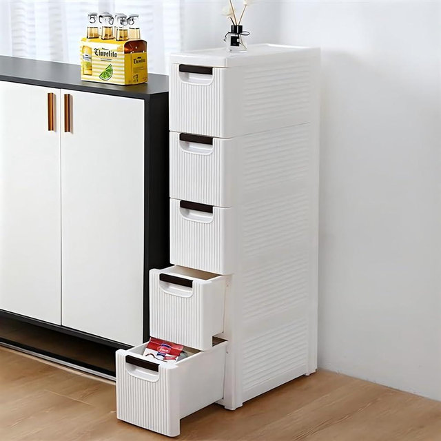 JICOLI 5-Tier Narrow Storage Cabinet, Slim Bathroom Rolling Cart with Drawers Movable Plastic Floor Storage Tower for Living Room, Kitchen, Bathroom, Office, Laundry, Closets
