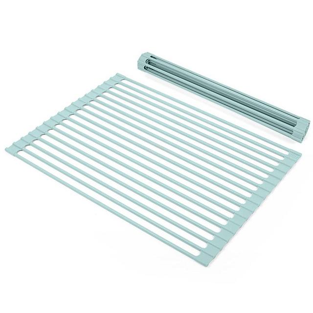 Roll Up Dish Drying Rack, ABQ Over Sink Dish Drying Rack，Foldable All Silicone Coated Rolling Sink Rack Mat Stainless Steel Dish Drainer for Kitchen (17.5''x13''), Blue
