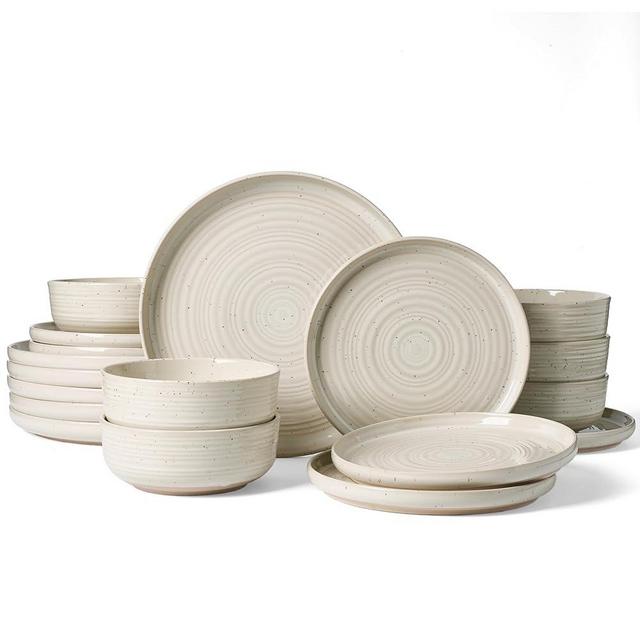 Plates and Bowls Sets for 6, Famiware Premium 18-Piece Stoneware Dinnerware Set, Spiral Flared Dish Set with Speckles & Reactive Glaze - Microwave & Dishwasher Safe Tableware, Shell Beige