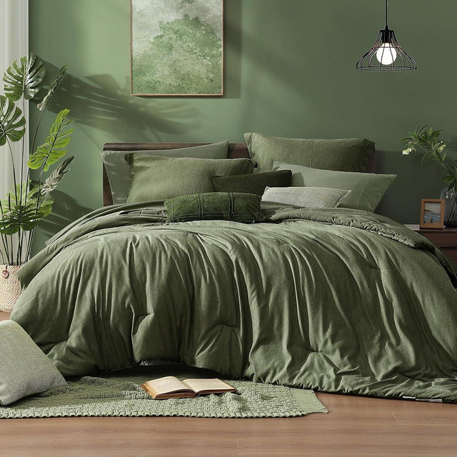 Monbix Full Size Comforter Set, Olive Green Bedding Comforter for Full Size Bed Set Reversible, Bedding Sets Full 7 Pieces, Cationic Dyeing Bed in a Bag with Comforter, Sheets, Pillowcases & Shams