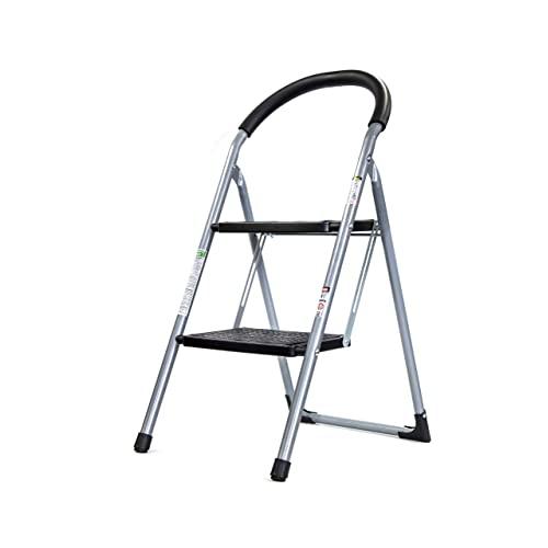 Brookstone BKH1321 2-Step Folding Ladder with Soft Grip, Easy to Carry Around The House, Extra Wide, Holds up to 330 Pounds, Non-Slip Textured Platform, Silver/Black