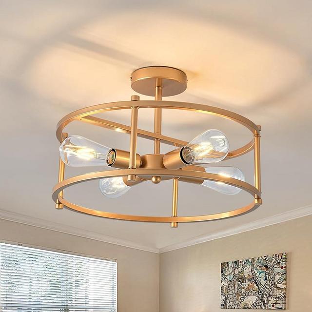 hesoge 4 Light Semi Flush Mount Ceiling Light Fixture Rustic Vintage Gold Ceiling Light 16.53 Inches Round Cage Chandelier for Farmhouse Dining Room Kithen Bedroom Entryway.