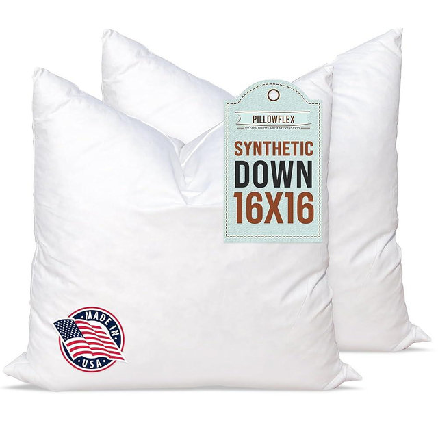 Pillowflex Synthetic Down Alternative Pillow Inserts for Shams - Comfy Pillows for Sleeping, Handmade Down Alternative Throw Pillow Inserts - (16x16 Set of 2)