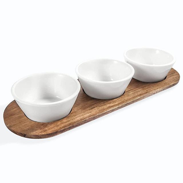 Artena 10 oz Bright White Small Bowls with Wooden Platter, 4.75 inch Porcelain Dipping Bowl Set and Oval Tray, Serving Dishes for Salsa, Sides, Dessert, Appetizers, Snacks, Chip Dip Bowls for Party