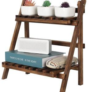 2 Tier Tabletop Plant Stand Step Style Desktop Storage Organizer Wood Display Shelf Decorative Storage Rack, Foldable Small Plant Shelf - Carbonized