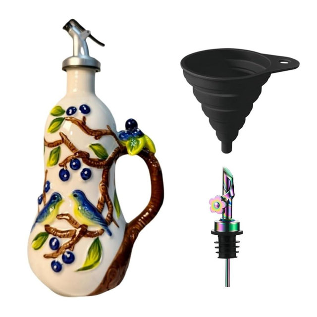 Windefun 18.26oz/540ml Ceramic Olive Oil Dispenser Bottle,Hand Painted Reliefs Oil Dispenser for Kitchen,Oil Bottles for Kitchen (Blueberry)