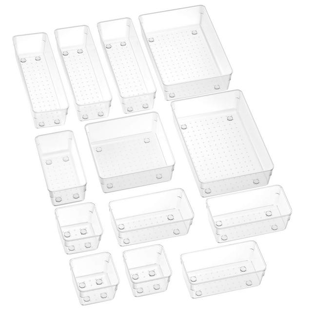 SMARTAKE 13-Piece Drawer Organizers with Non-Slip Silicone Pads, 5-Size Desk Drawer Organizer Trays Storage Tray for Makeup, Jewelries, Utensils in Bedroom Dresser, Office and Kitchen, Clear